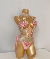 Nouvel ensemble de costumes de carnaval Samba sexy faits main avec soutien-gorge et culotte ornés de pierres, motif Cygne Rose avec ceinture, pour EDC, soirées Rave et Mardi Gras