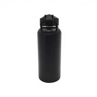 Bouteille d'eau isotherme Jiahe Premium noire 32oz en acier inoxydable à double paroi avec couvercle à poignée de transport flexible et design sportif