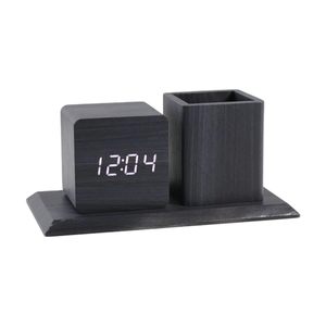 Sveglia Moderna in Legno con LED, 3 Livelli di Regolazione della Luminosità, Visualizza Data e Temperatura, Contiene Portaoggetti per Scrittura - Product Image 1