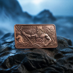 Barre commémorative en cuivre fin .999 de 1 oz, série mythologie grecque, avec relief 3D personnalisé de Poséidon et Méduse, pour collection de luxe - Product Image 2