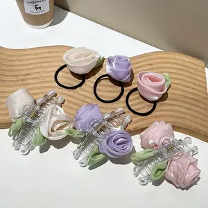 Rose Flower Pearl Plastic Hair Claw Clip for Girls Handmade Mesh Fabric Flower Ponytail Hairgrip Flora Hair Ties