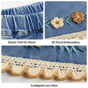Pantalones Vaqueros para Niña Pequeña, Cintura Elástica, Lavado Claro, Dobladillo Bordado con Encaje, Jeans para Niños - Product Image 2