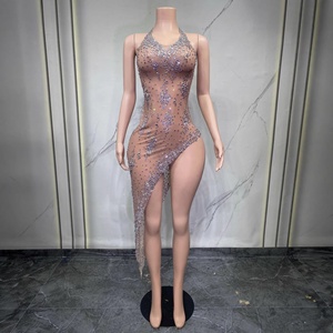 Vestido de Noite Feminino de Luxo 2026 com Decote V e Strass Brilhantes, Transparente em Tule, Roupa Sexy para Festas e Celebrações - Product Image 1
