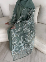 Abaya de luxe sur mesure en deux pièces 2025, vente en gros, dentelle, fleurs, perles, modeste, Eid, Ramadan