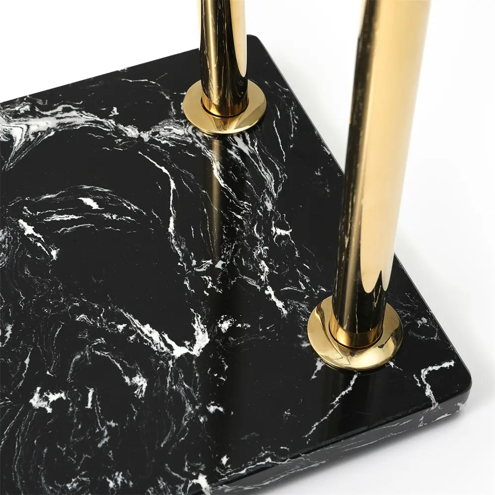 Double rail en laiton Base en marbre véritable Porte-serviettes de sol autoportant Porte-serviettes en laiton doré Quincaillerie de salle de bain en marbre noir