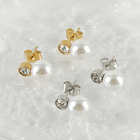Boucles d'oreilles clous effet perle en acier inoxydable 304 plaqué or 18 carats et accents ronds transparents couleur acier, bijoux de mariage pour femme