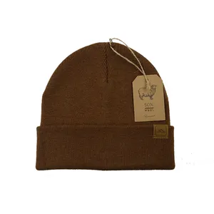 Beanies Winter Hat Custom Logo High Quality Premium Merino Wool Rib Knit Toboggan Ski Winter Beanie Toque Hat With Patch