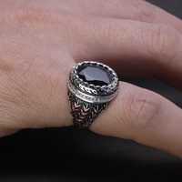 Anneaux pour hommes en argent 925, entourés de blé, gravés avec une pierre d'agate noire naturelle, style rétro vintage turc, bague signet hip-hop
