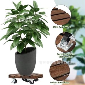 Plateau rond en bois pour pot de fleurs avec roulettes, base portable pour jardinières d'extérieur - Product Image 5