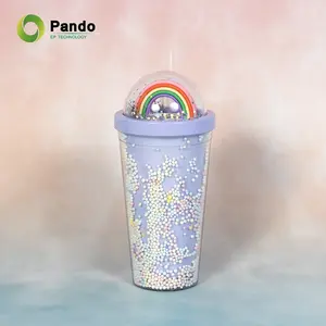 550ml arco-íris criativo colore o copo da bebida fria Copo da água da menina Copo de água plástico com palha e tampa