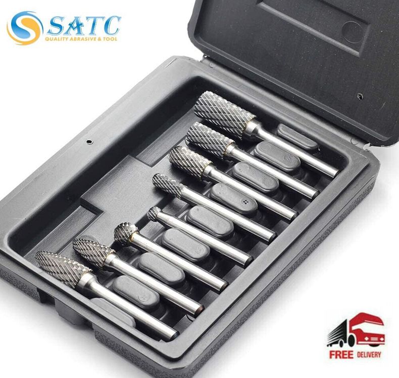 10-Pc 1/8" Double Cut Tungsten Carbide Rotary Burr Set - Die Grinder Bits - USA