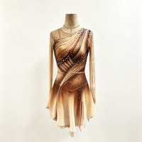 Robe de patinage artistique marron beige dégradé avec strass, dos en maille ajourée pour la compétition et les spectacles