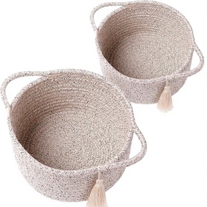 Cesta de Almacenamiento Redonda de Cuerda de Algodón Hecha a Mano Estilo Rústico Realista, 20x12cm, Contenedor Pequeño Organizador para Juguetes, Guardería, Lavandería, Decoración del Hogar - Product Image 3