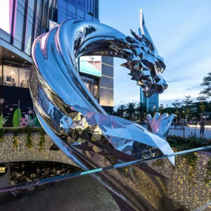 Escultura de Dragón Grande de Acero Inoxidable Pulido S019, Arte Metálico Moderno para Exteriores, para Plazas Comerciales y Entradas de Hoteles - Product Image 1