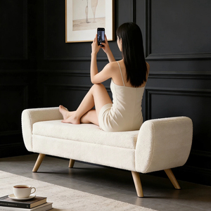 Banc de rangement en fausse fourrure d'agneau crème, tabouret de rangement long avec pieds en <span class=keywords><strong>bois</strong></span> <span class=keywords><strong>et</strong></span> accoudoirs latéraux, multifonctionnel - Product Image 3
