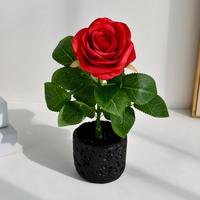 Rose artificielle en pot, fleur de rose artificielle unique avec pot noir, décoration de table, bonsaï pour la maison