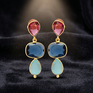Nouveauté : Boucles d'oreilles clous goutte d'eau en acier inoxydable plaqué or mat et rhodium 14K/18K/24K avec pierres précieuses multicolores - Product Image 2