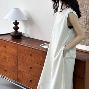 Elegante abito con collo a U in misto lino per le donne solido senza maniche Casual <span class=keywords><strong>moda</strong></span> stampa digitale on-line fornitore all'ingrosso - Product Image 5