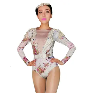 Sexy fleur motif blanc perles strass body Performance scène porter dame Bar fête spectacle discothèque danseuse danse Costume