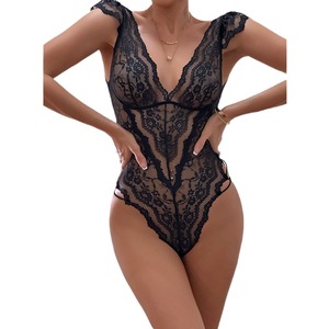 บอดี้สูทผู้หญิงแฟชั่นใหม่สีดำปักลายลูกไม้คอลึกเซ็กซี่คุณภาพสูงแบบซีทรู - Product Image 4