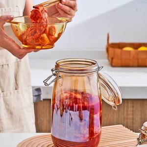 Prix d'usine, pot <span class=keywords><strong>de</strong></span> conservation en verre à large ouverture, 500 ml, 750 ml, 1000 ml, 1500 ml, pots en verre ambré ronds avec couvercle à verrouillage pour cornichons, céréales, aliments - Product Image 2