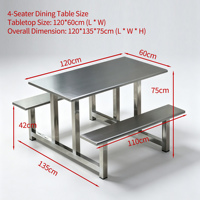 Table de cantine professionnelle personnalisée en acier inoxydable avec chaises intégrées pour 4, 6 ou 8 personnes