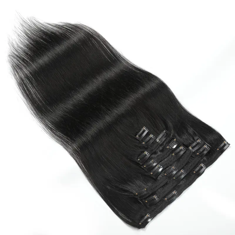 Stok alami hitam kepala penuh 7 buah klip rambut ekstensi Virgin Remy klip rambut manusia Remy ekstensi rambut India