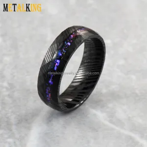 6mm 8mm Black Damascus Steel Ring Block Blue Sandstone Inlay Diamond Faceted Wedding Band
