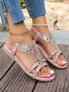Sandales plates pour femmes, décor floral en strass, bout ouvert, sangle élastique à la cheville, chaussures de plage d'été - Product Image 6