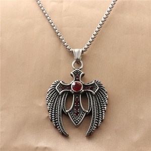 Wings <b>Cross</b> Pendant Necklace With Red Gemstone Pave Setting Stainless Steel Fashion Jewelry Gift For Men Women - Product Image 1