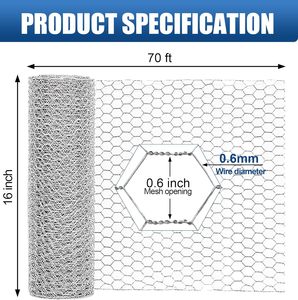 <span class=keywords><strong>Grillage</strong></span> hexagonal galvanisé en fil de fer à faible teneur en carbone de 16 po x 70 pi, robuste, pour clôture de jardin, volailles et lapins - Product Image 2