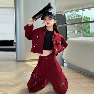 Conjunto de Mezclilla Roja Estilo Coreano para <span class=keywords><strong>Niñas</strong></span> 2025, Traje de Primavera/Otoño para <span class=keywords><strong>Niñas</strong></span>, Diseño Sólido - Product Image 3