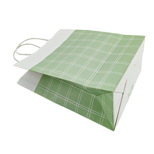 Bolsa de Papel Kraft Blanca con Cuadros Azules para Regalo, con Asa, en Stock, para Compras y Llevar Comida - Product Image 6