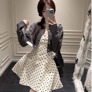 White Polka Dot Sundress Spaghetti Strap <b>Elastic</b> Waist A-line Puffy Skirt Breathable Daily Casual <b>Dress</b> - Product Image 4