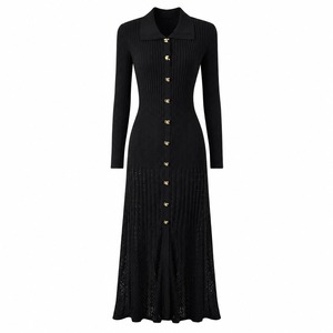 Robe longue maxi en maille ajourée pour femme, manches longues, boutonnage simple, décontractée d'été, coupe ajustée, col en V, à lacets, antistatique, naturelle - Product Image 1
