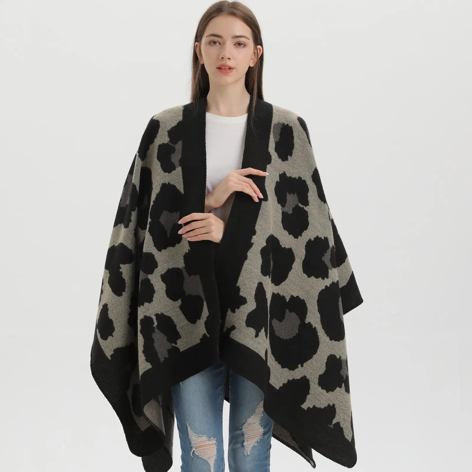 leopard jacquard Cardigan Sweater Panchos Winter Thick Blanket Scarf Women Retro Knit Scarf cape shawl