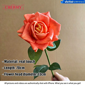 Rosa artificiale effetto real touch, colore arancione, stelo singolo, simulazione di rosa, per decorazioni floreali da matrimonio, vasi <span class=keywords><strong>e</strong></span> decorazioni per la casa. - Product Image 2