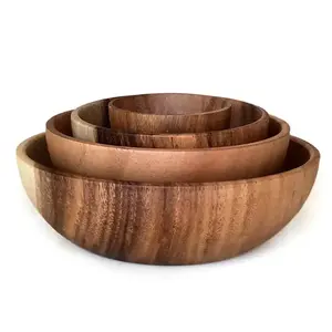 Ensemble de saladiers en acacia Bol de service alimentaire Vaisselle en bois européenne au laser naturel Fête à la maison Bol rond en fil de bois Nouveau design 50pcs