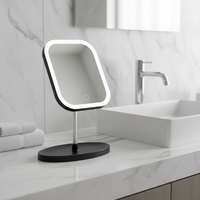 Miroir de maquillage carré à LED bon marché avec finition argentée, rechargeable par USB, miroir de vanité de bureau intelligent avec logo personnalisé, miroir rotatif à 360 degrés