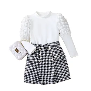 Girls' new suit bubble long sleeve top with a thousand birds check skirt hat three-piece set