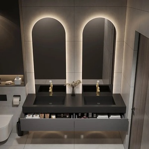 <span class=keywords><strong>Bagno</strong></span> di Design Personalizzato di Alta Gamma, Lussuoso, <span class=keywords><strong>in</strong></span> <span class=keywords><strong>Legno</strong></span> di Gomma, <span class=keywords><strong>Moderno</strong></span>, con Lavabo Integrato a Parete, Doppio Specchio, Nero - Product Image 4