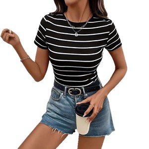 Camiseta Casual de Verano al por Mayor, Estilo Europeo Americano, Clásica, a Rayas Blancas y Negras, Cuello Redondo, Manga Corta - Product Image 6