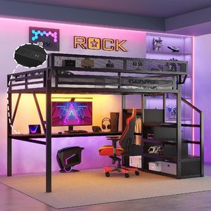 Lit mezzanine 206*141CM avec bureau et prise électrique, lit mezzanine avec escalier et éclairage pour enfants et adolescents, dortoir, ODM/OEM disponible - Product Image 1