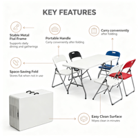 Table pliante rectangulaire moderne en plastique HDPE blanc, légère, pour intérieur et extérieur, idéale pour la restauration, les banquets, les pique-niques et les hôtels - Vente chaude