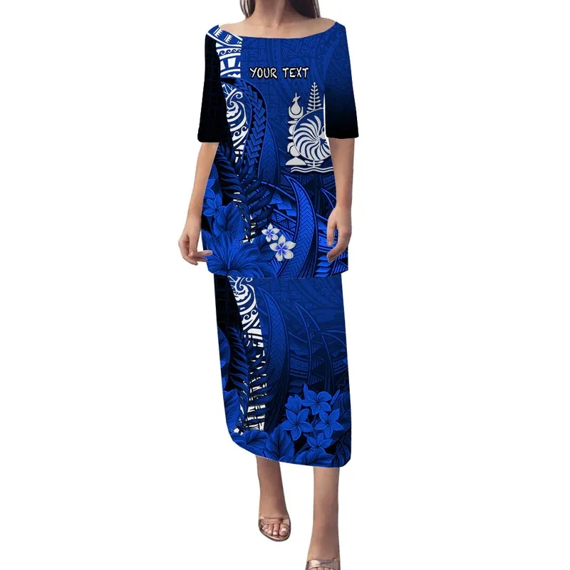 مخصص شخصية جديد كاليدونيا فستان بولتاسي نوتيلوس الأزرق البولينيزي المرأة العرقية نصف كم تنورة أعلى فساتين من قطعتين