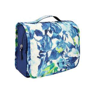 Women Custom Designer Blue Floral Zipper Foldable <b>Large</b> Capacity Travel <b>Toiletry</b> Makeup Cosmetic <b>Bag</b> With Hanging Hook - Product Image 2