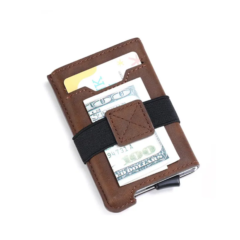 Pop up aluminum case card wallet RFID blocking leather metal credit card holder with elastic band