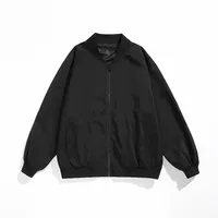 Blouson Bomber Noir, Bordures Côtelées & Poches Obliques, Manches Raglan, Veste Zippée Minimaliste Style Universitaire – Vente en Gros