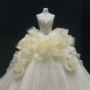 Robe de mariée de bal NT39 élégante, style vintage moderne, coupe Empire, avec appliques en dentelle et cristaux, fleurs 3D - Product Image 3