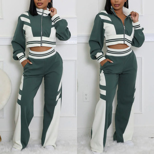 الخريف الشتاء خليط رياضي المرأة 2 قطعة مجموعات النساء محب طويل الأكمام البريدي سترة المحاصيل والسراويل واسعة مطابقة مجموعة - Product Image 3